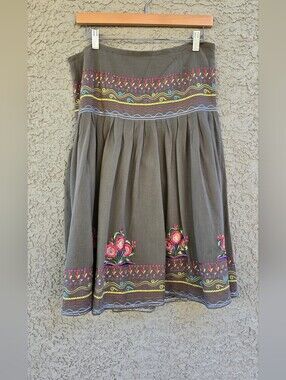 Femme Embroidered Olive Cotton Midi Skirt - Boho Floral Detail